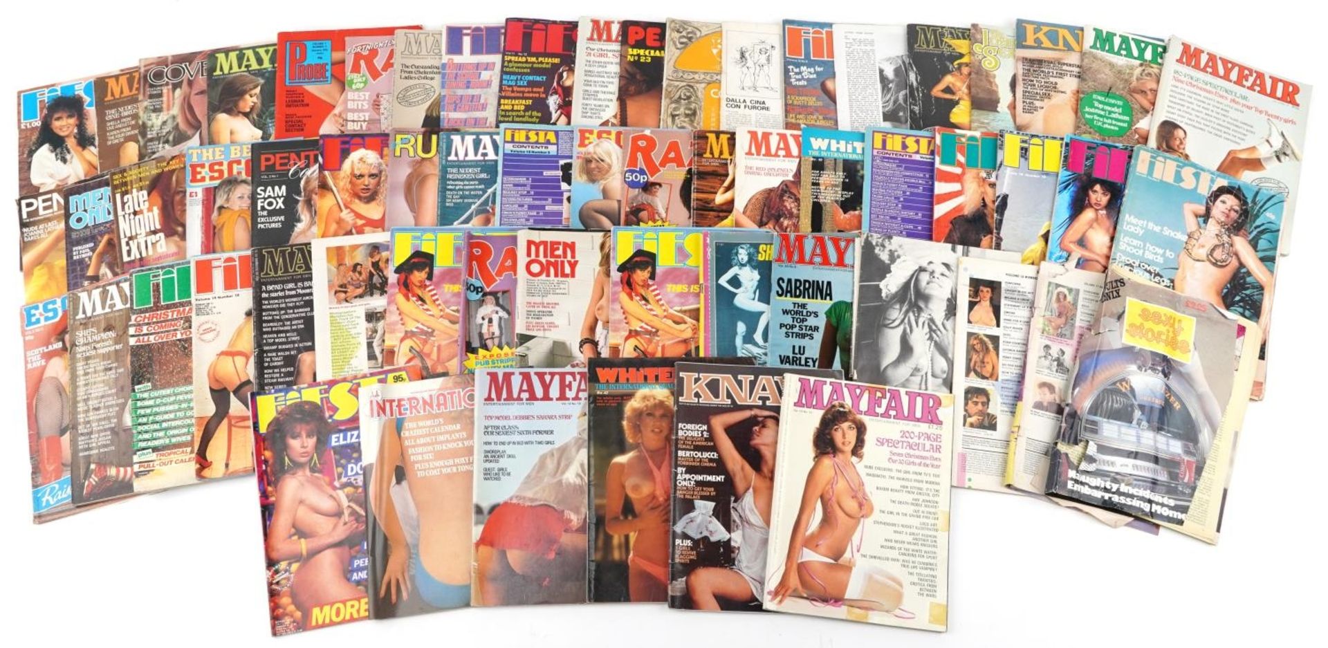 Large collection of vintage adult magazines including Mayfair, Fiesta, Knave, Peaches, Penthouse,