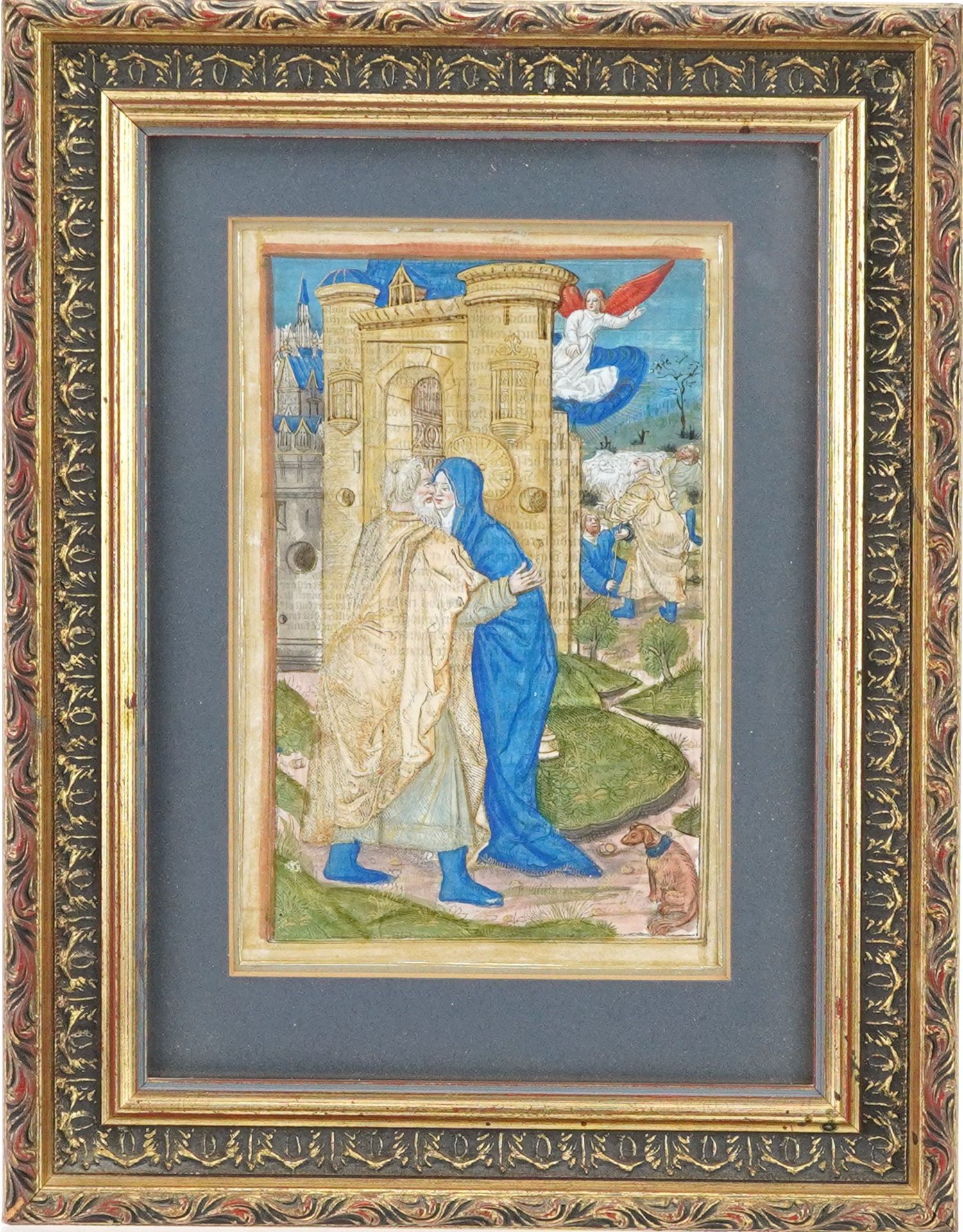 Antique illuminated Latin manuscript leaf from Book of Hours, possibly 16th century, mounted, framed - Image 2 of 4