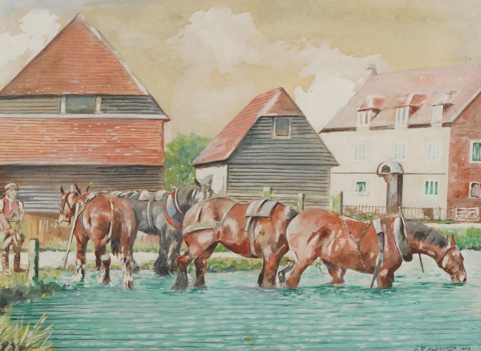Ernest William Aldworth - Hunting scene with huntsmen on horseback with hounds and village landscape - Image 2 of 10