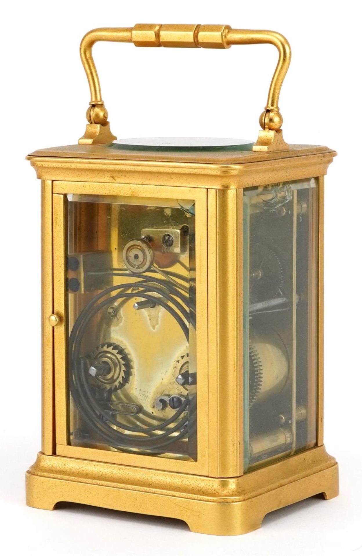 Large French gilt brass carriage clock striking on a gong having circular enamelled dial with - Image 2 of 4