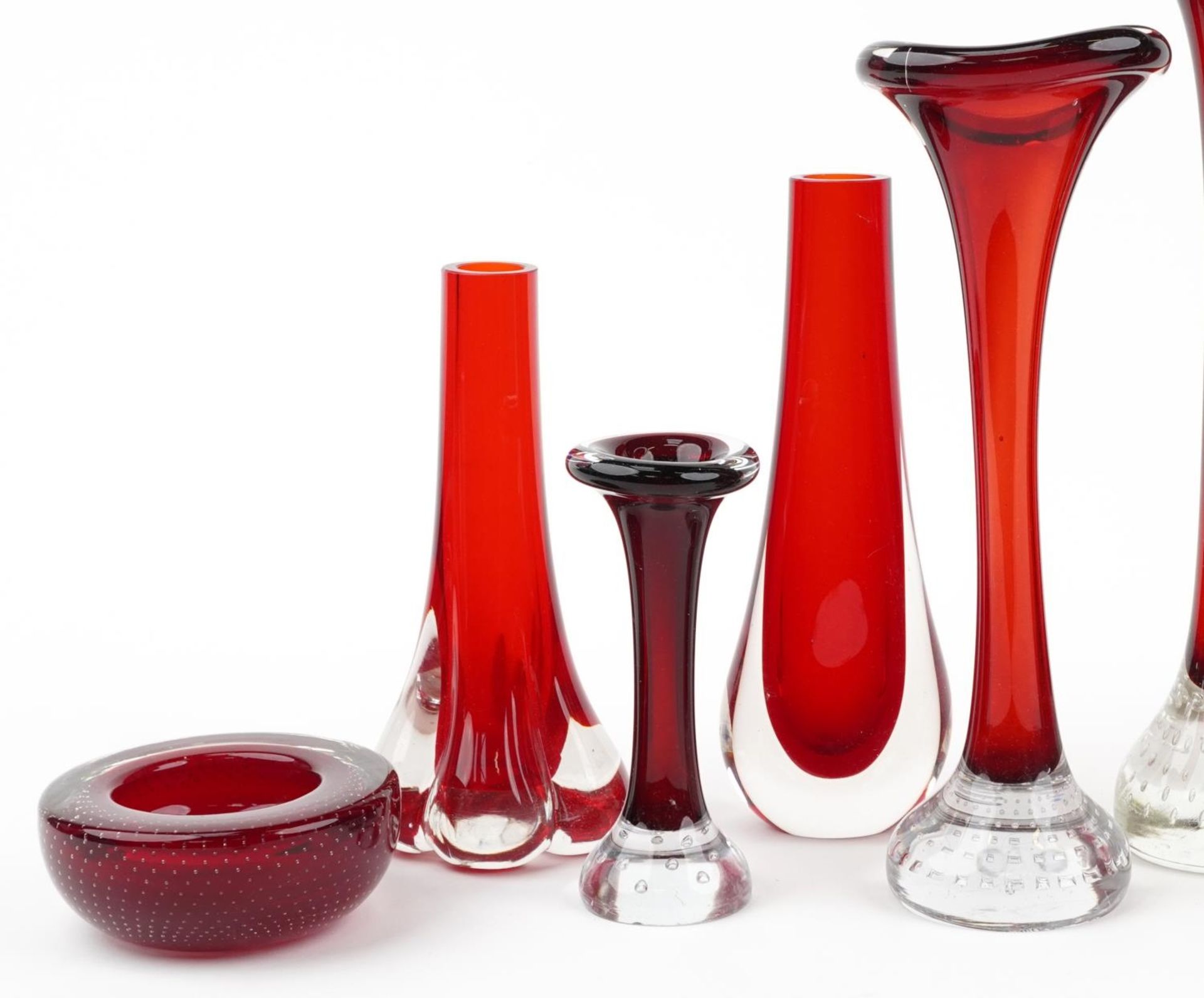 Whitefriars ruby glassware including sparrow beak pitcher and vases with controlled bubbles, the - Image 2 of 3