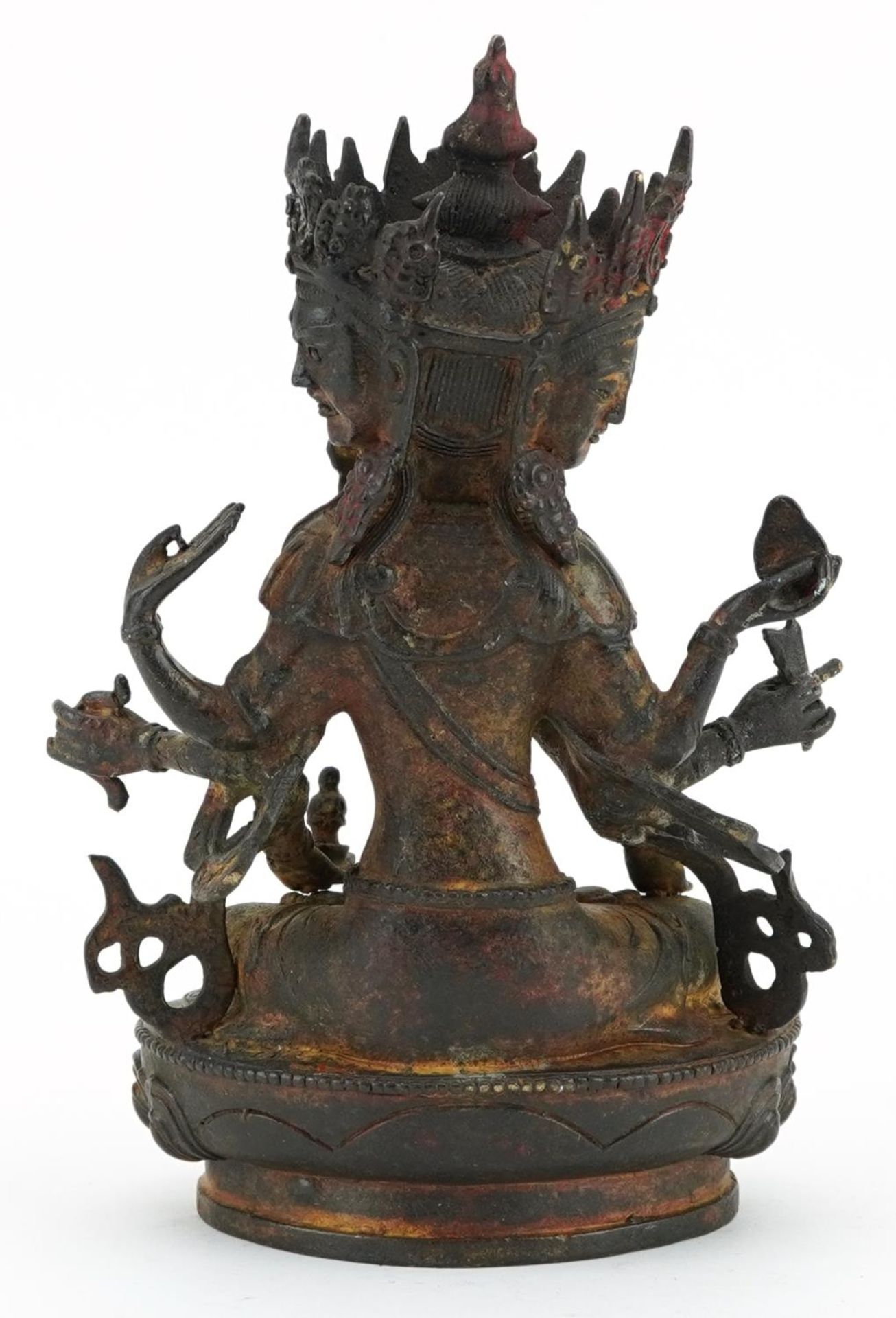 Chino Tibetan partially gilt bronze figure of three faced Buddha, 21.5cm high : For further - Bild 3 aus 6