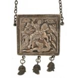 Indian unmarked white metal pontian jewel egkolpion decorated in low relief with St George and the