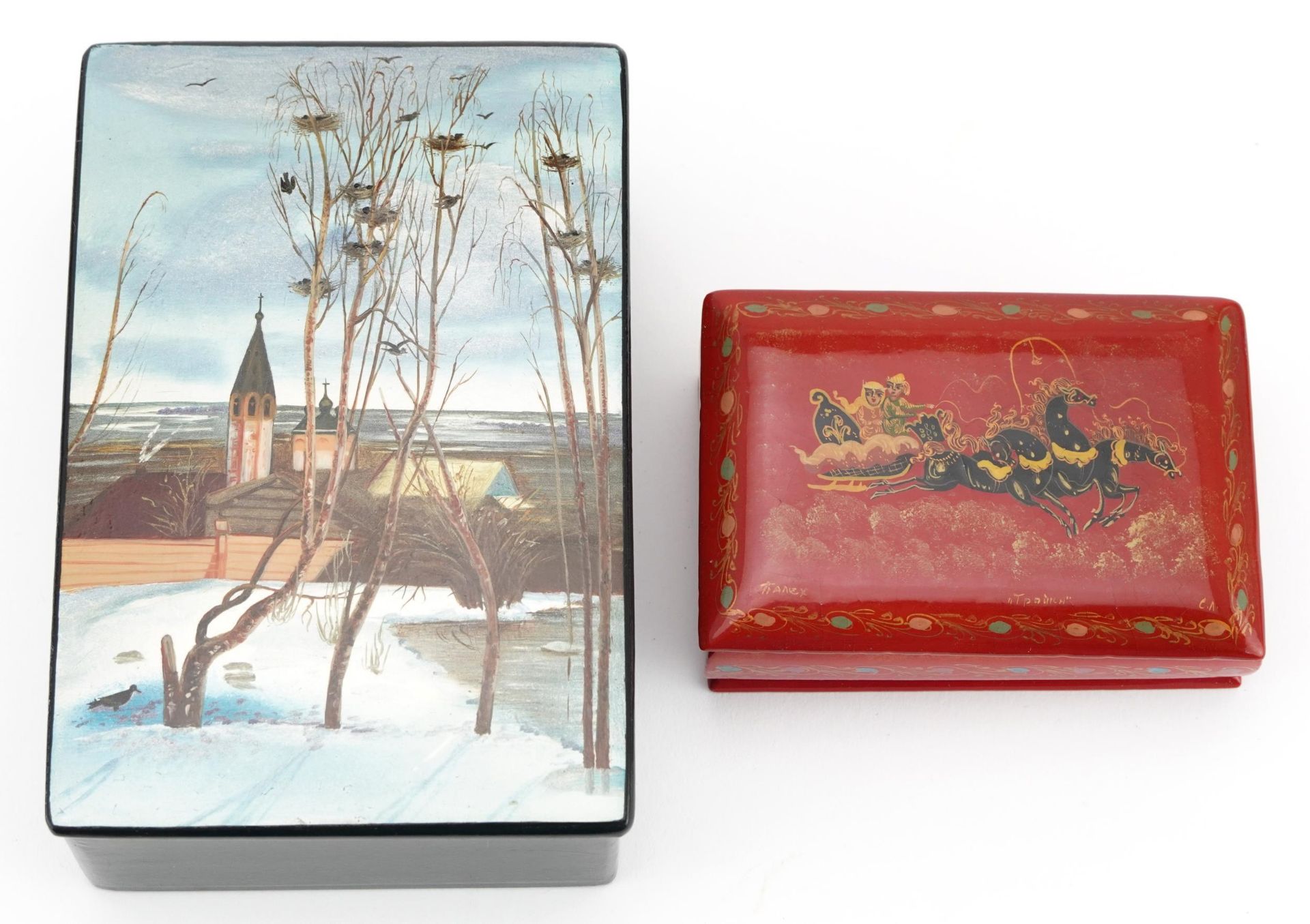 Two Russian lacquered boxes including one hand painted with a snowy village, 4.5cm H x 13.5cm W x - Image 2 of 6