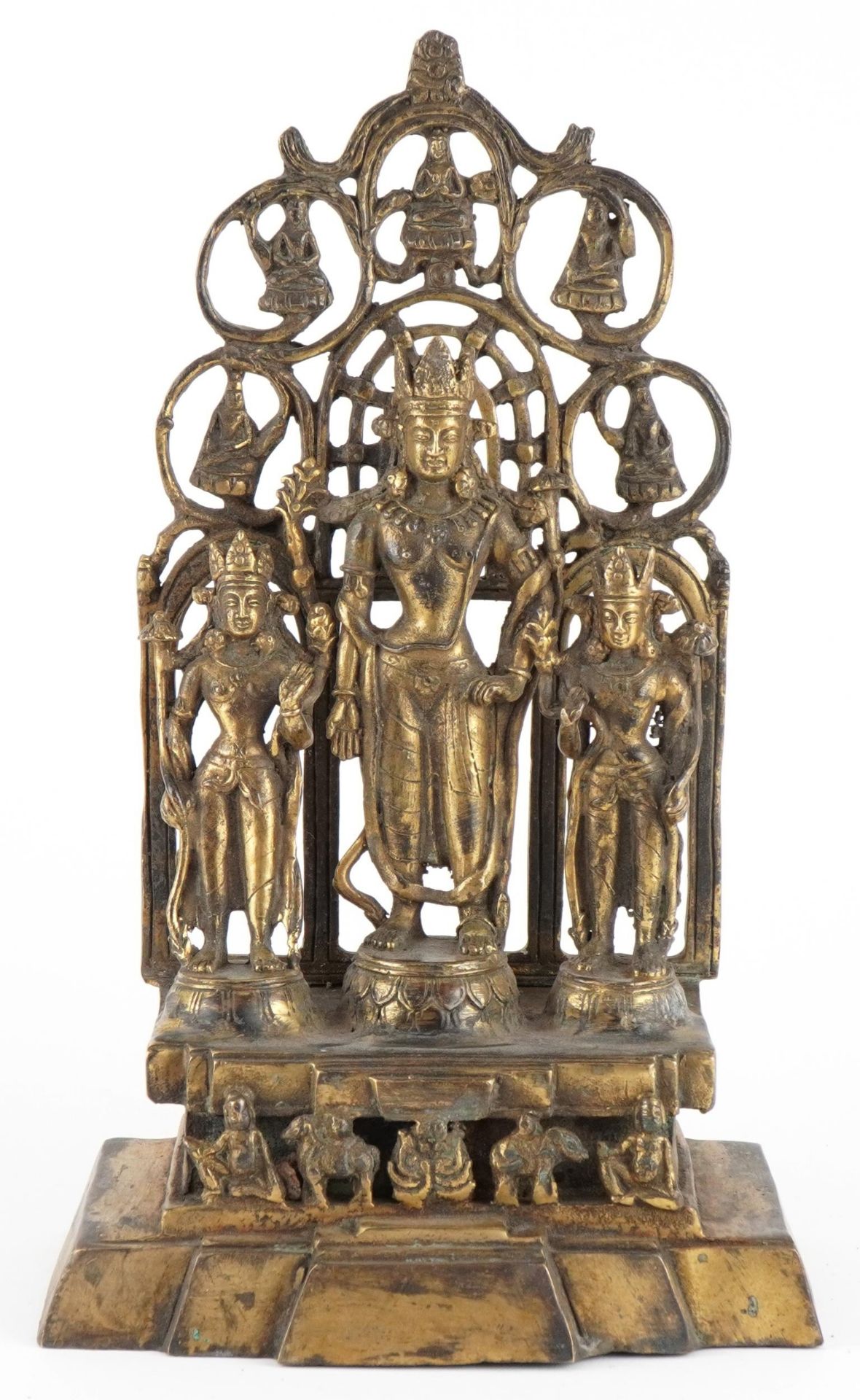 Chino Tibetan gilt bronze figure group of three deities, 28cm high : For further information on this