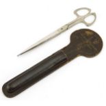 Pair of American stainless steel barber's scissors housed in a Lewyn Machine Tool Corp. Atlanta,