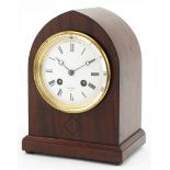 Henri Marc of Paris, Gothic style arch top mahogany mantle clock with circular enamelled dial having