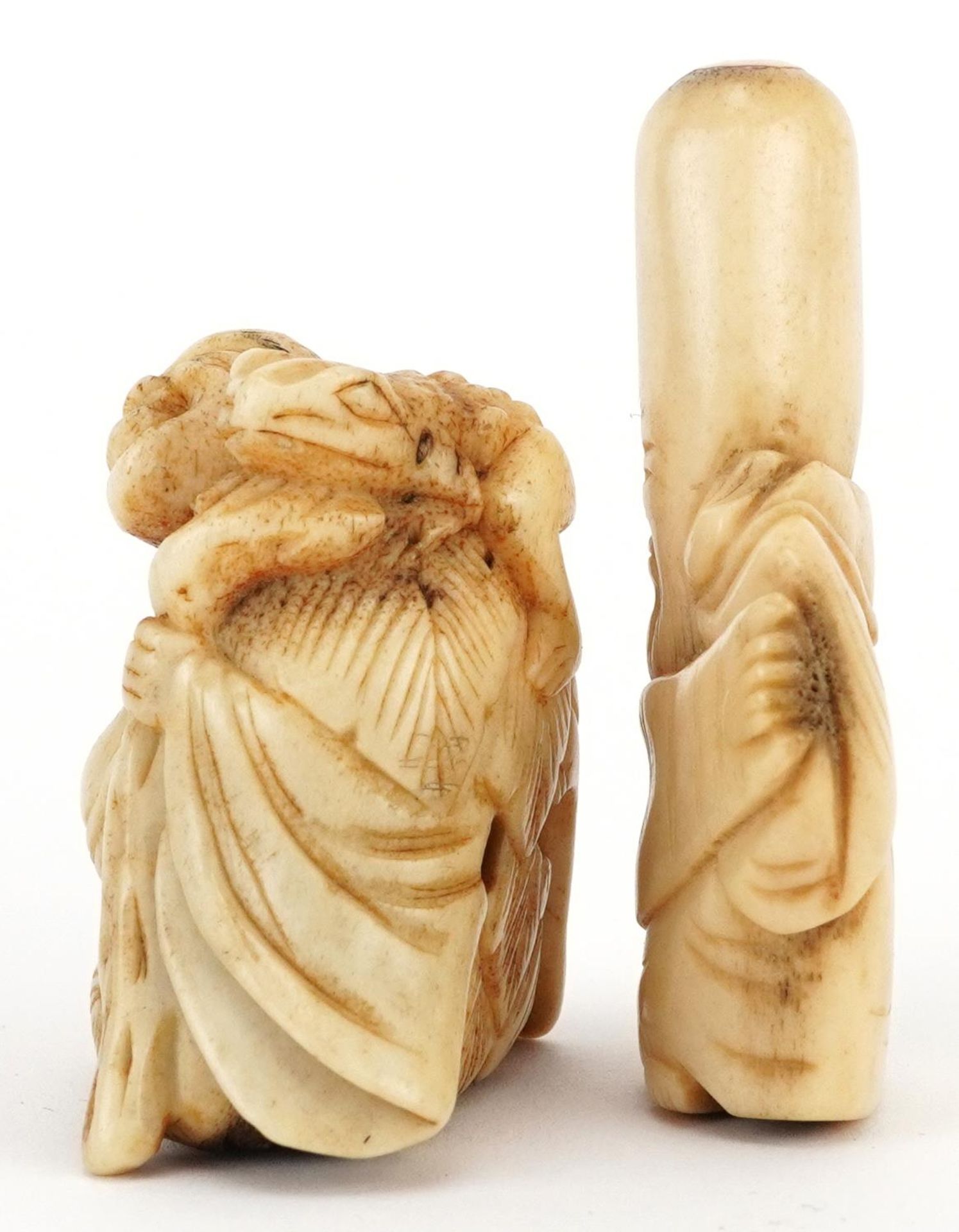 Two Japanese carved bone netsukes including one of Lui Hai, the largest 6cm high : For further - Image 2 of 6