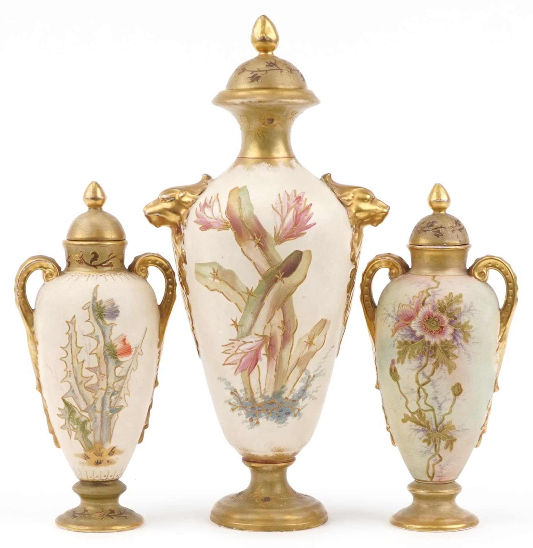 Royal Bonn, garniture of three blush ivory vases and covers with handles, each decorated with - Bild 2 aus 4