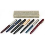 Seven vintage Parker fountain pens, some with gold nibs, one with box, including Duofold, Senior