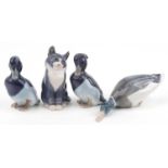 Royal Copenhagen, four Danish porcelain animals comprising three ducks and a cat, numbers 120,