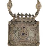 Indian unmarked silver amulet on necklace, the amulet 8.5cm x 8cm, 89.4g : For further information