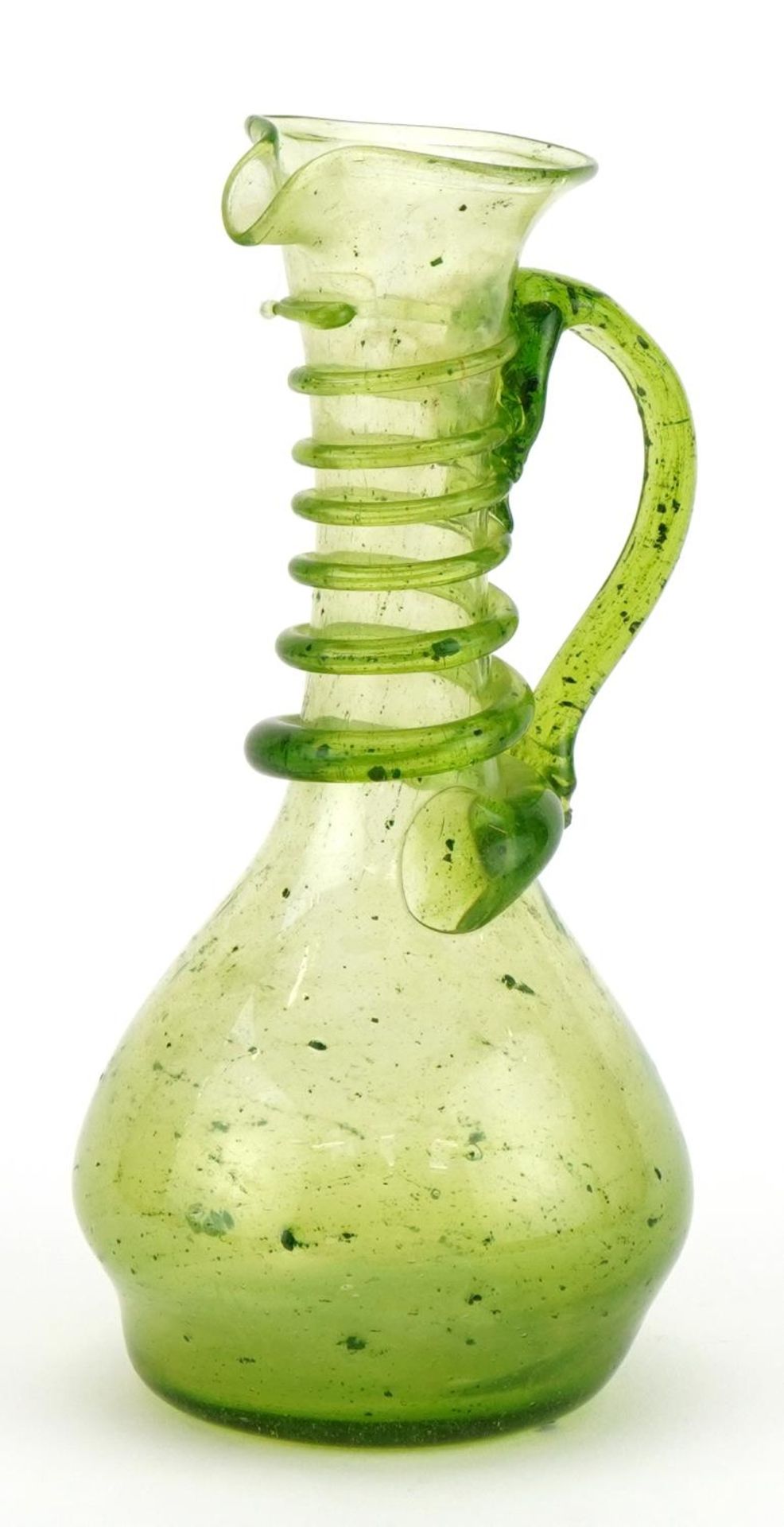 Roman style green glass ewer with trailed decoration, 15cm high : For further information on this