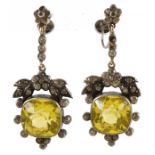 Pair of antique style unmarked silver yellow and clear paste drop earrings with screw backs, 3.5cm