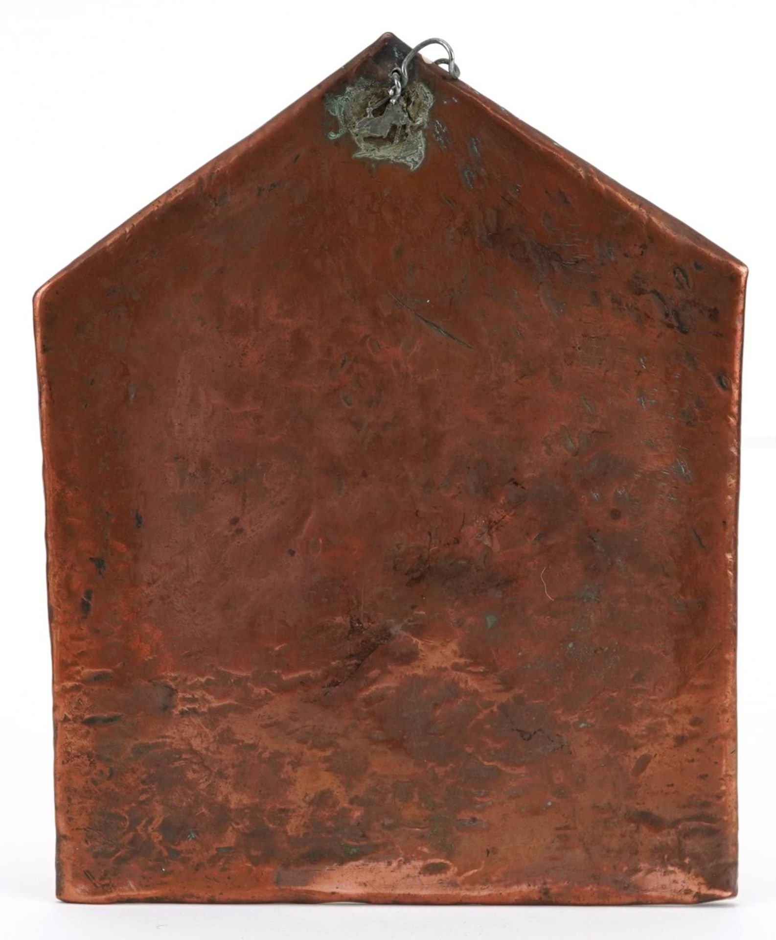 19th century Indian copper amulet decorated in relief with two deities on horseback, 19cm x 15cm : - Image 2 of 2