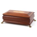 Inlaid mahogany musical jewellery chest on brass paw feet with Reuge music movement, 13cm H x 37cm W