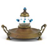 Victorian aesthetic brass desk stand with handles and glass inkwell, 19cm wide : For further