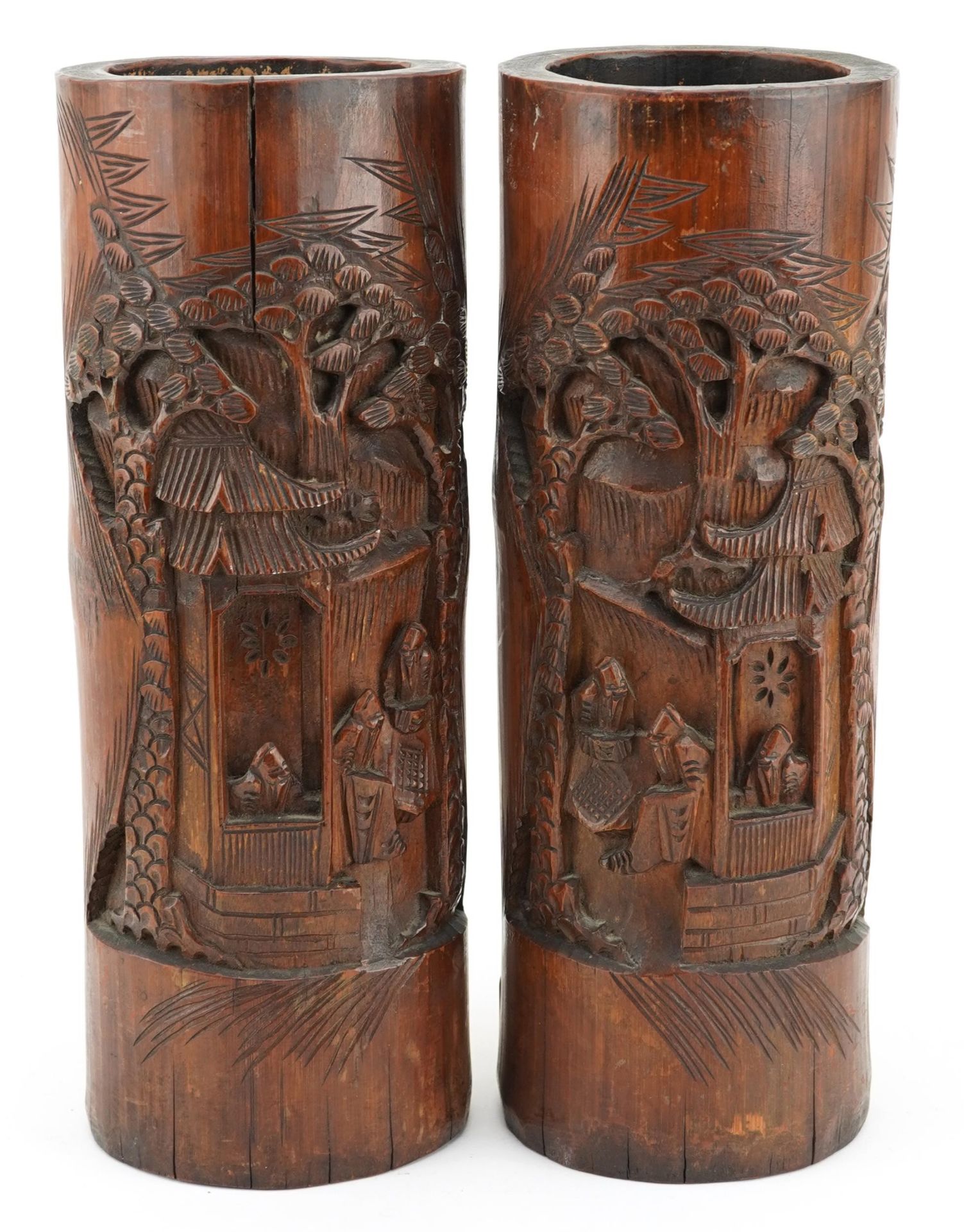 Large pair of oriental Chinese bamboo brush pots carved with elders, 29cm high : For further