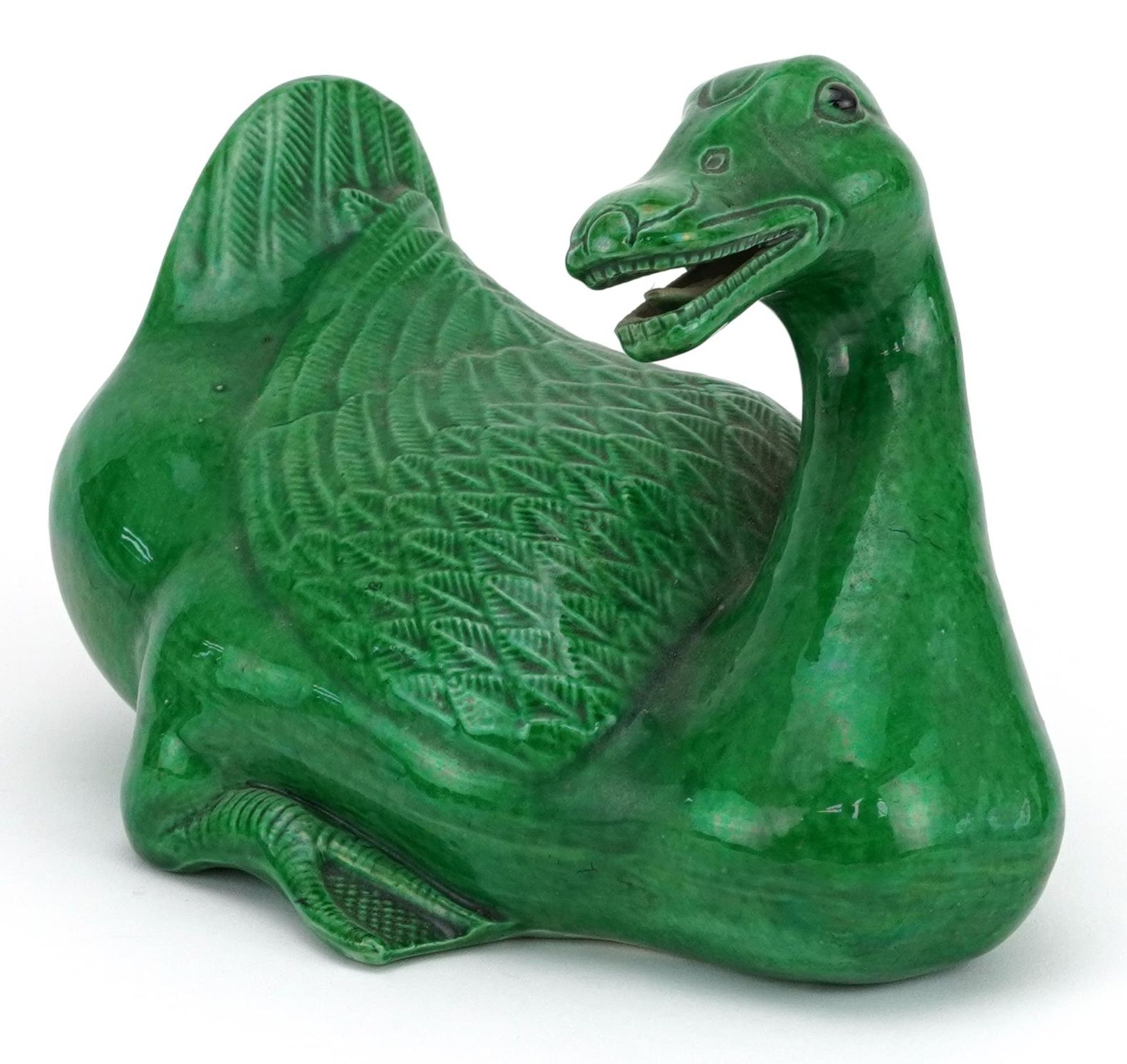 Chinese porcelain Mandarin duck having a green glaze, 18cm in length : For further information on