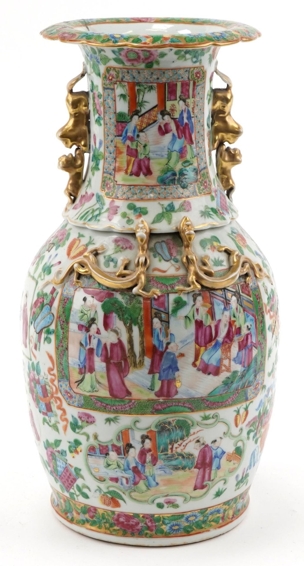 Large Chinese Canton porcelain vase with animalia handles hand painted in the famille rose palette