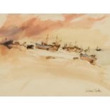 Graham Clarke - Moored fishing boats, ink and watercolour, mounted, framed and glazed, 22.5cm x 19cm