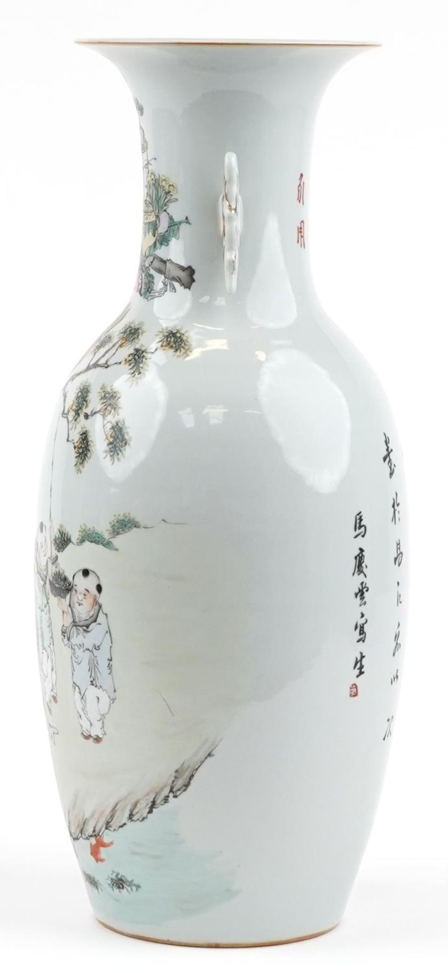 Large Chinese porcelain vase with handles hand painted in the famille rose palette with children - Image 3 of 8