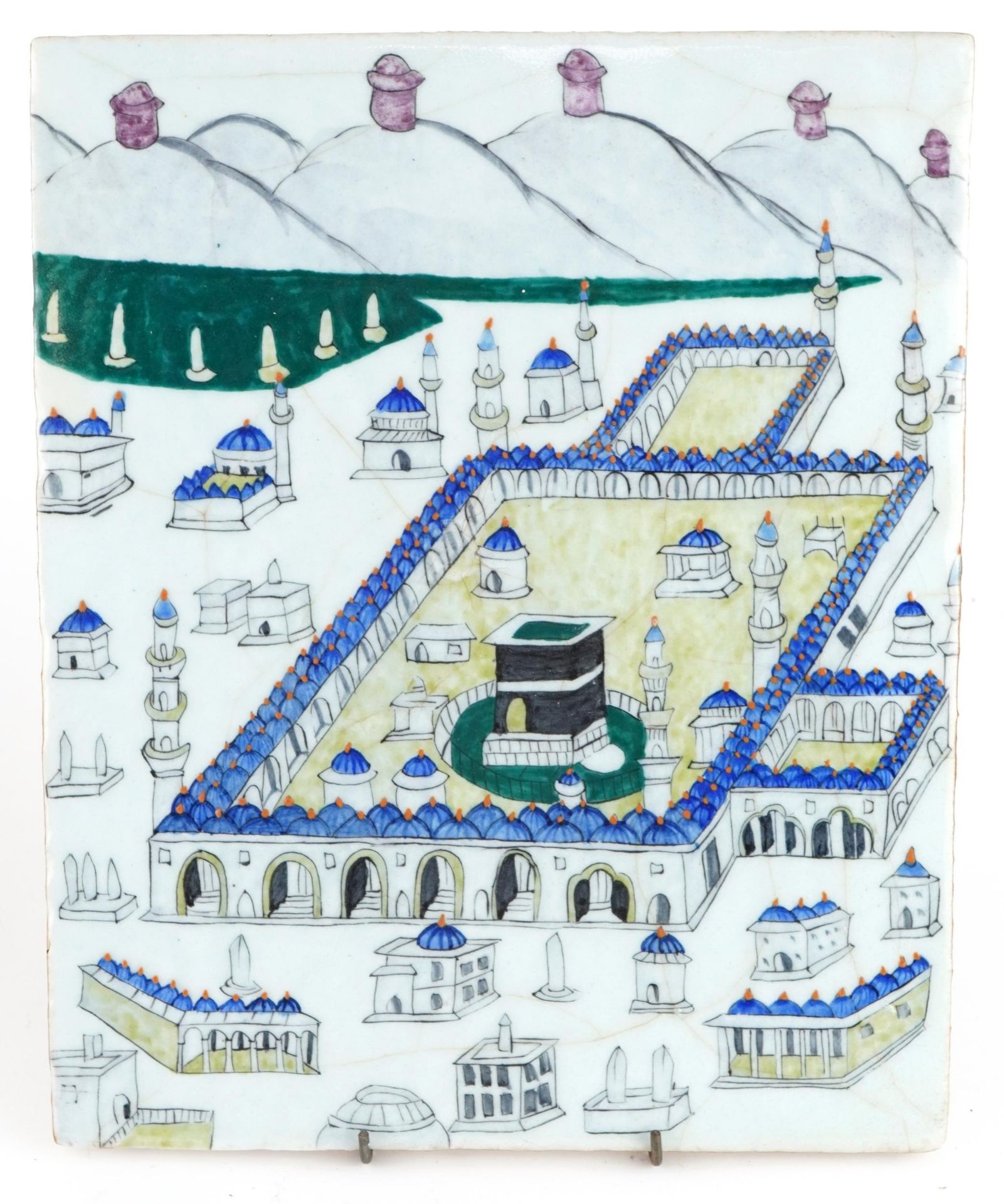 Turkish Ottoman Islamic pottery tile hand painted with Mecca, 33cm x 27cm : For further