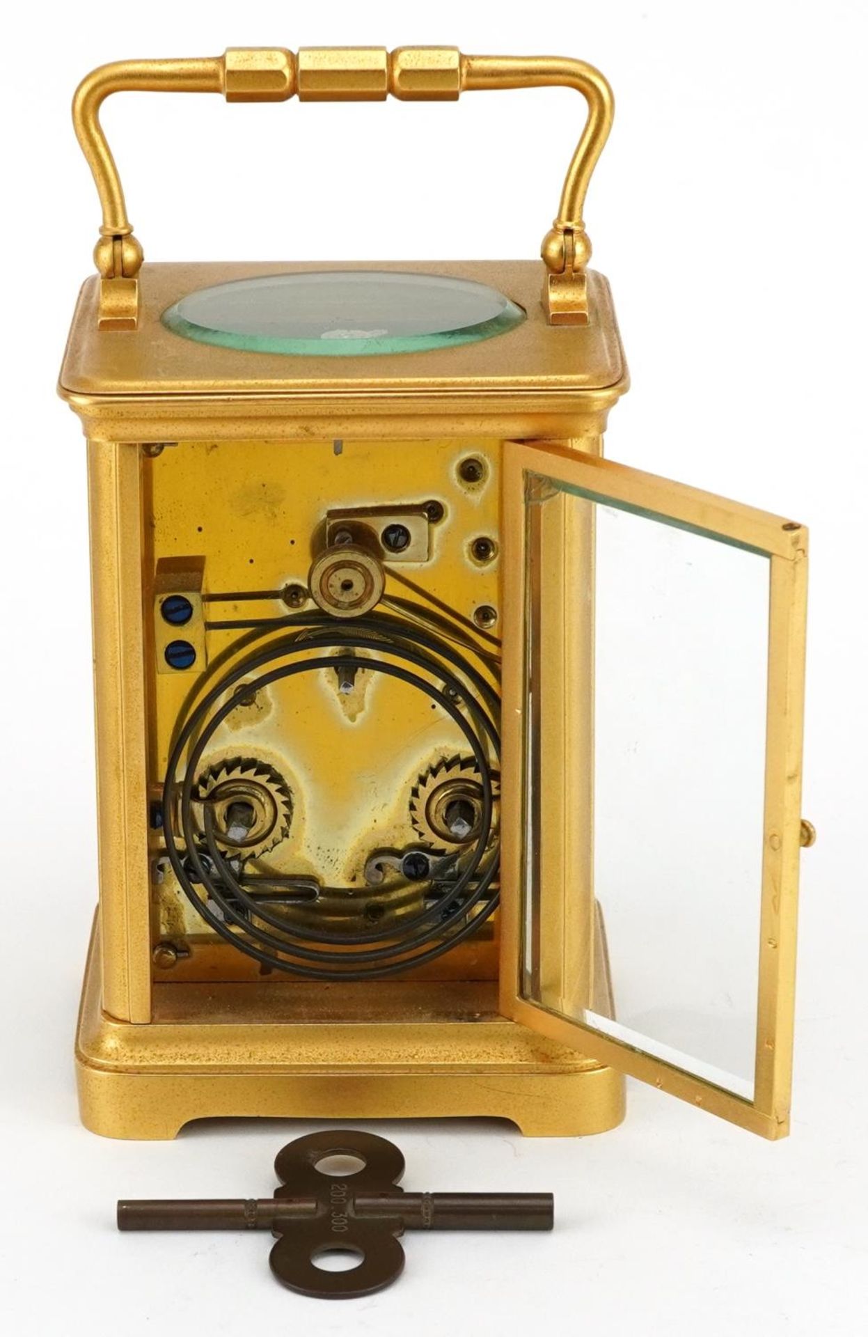 Large French gilt brass carriage clock striking on a gong having circular enamelled dial with - Image 3 of 4