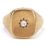 Heavy 9ct gold gentlemen's diamond solitaire signet ring, the diamond approximately 0.15 carat, size