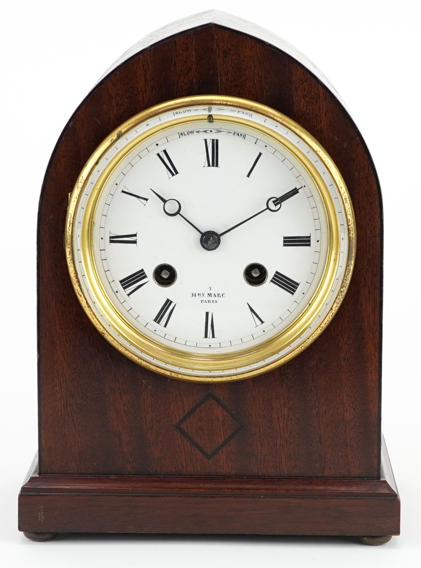 Henri Marc of Paris, Gothic style arch top mahogany mantle clock with circular enamelled dial having - Image 2 of 4