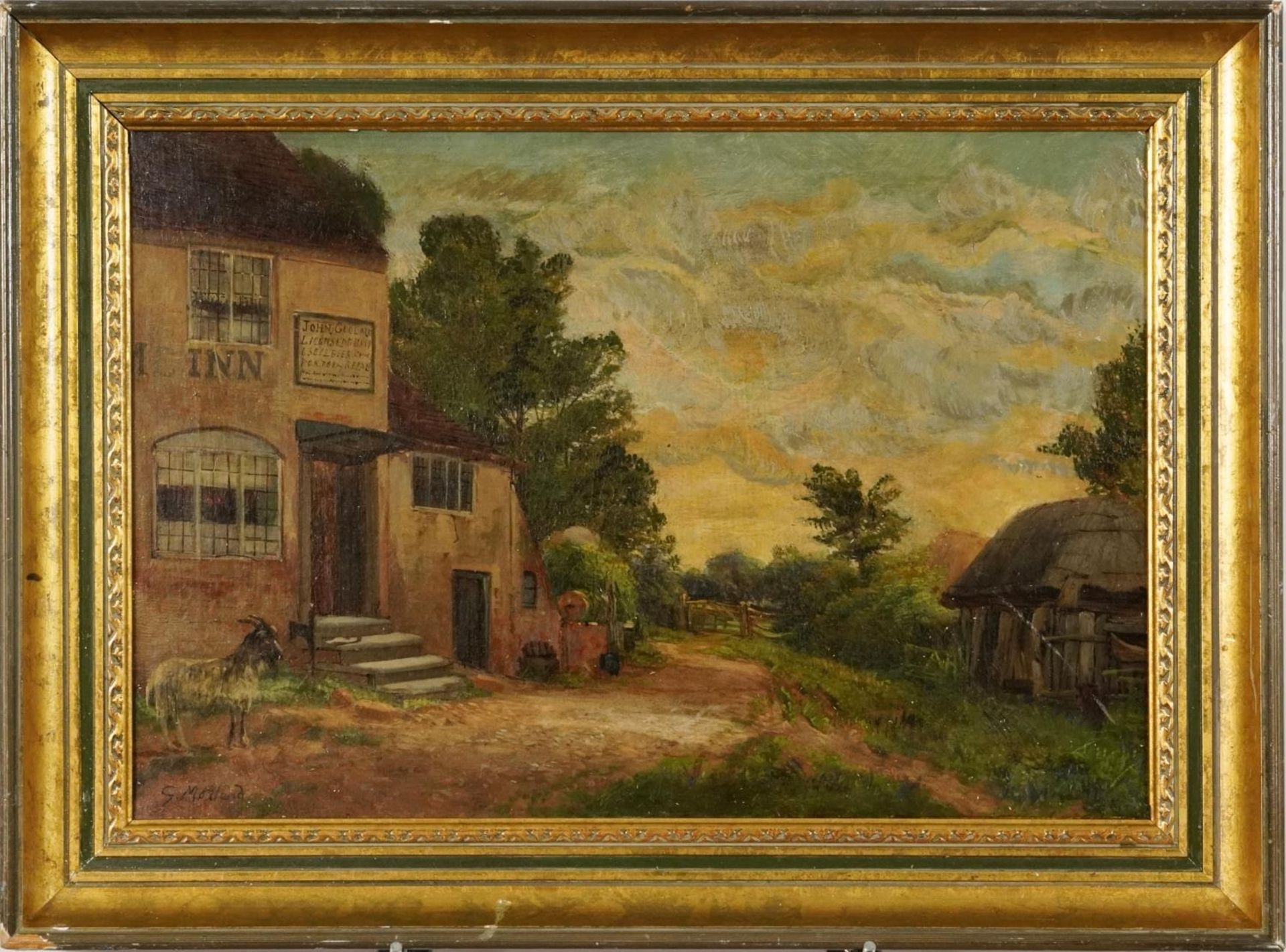 After George Morland - Rural landscape with inn and thatched cottage, oil on canvas, mounted and - Image 2 of 6