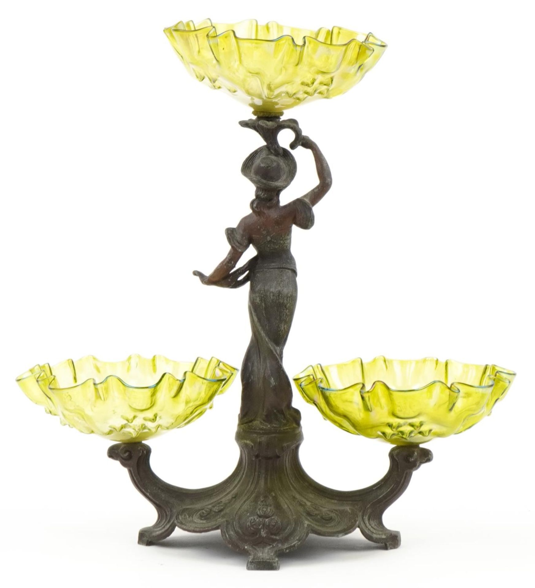 Manner of WMF, Art Nouveau partially gilt patinated spelter figural centrepiece with three - Image 3 of 4