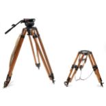 Two vintage wooden tripod film camera stands, one with Sachtler-Munchen attachment, the largest 95cm