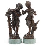 After Auguste Moreau, pair or classical patinated bronze figures of a young boy and girl, each
