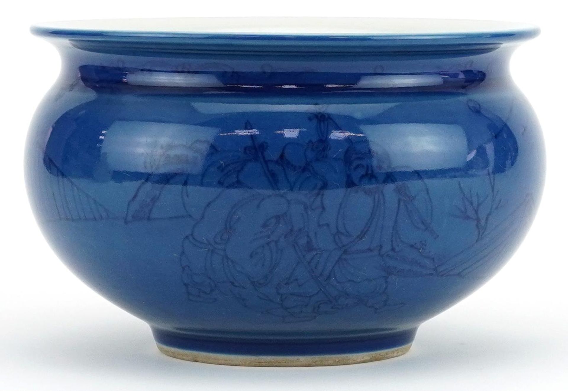 Chinese porcelain powder blue ground censer hand painted under glaze with monks in a landscape,