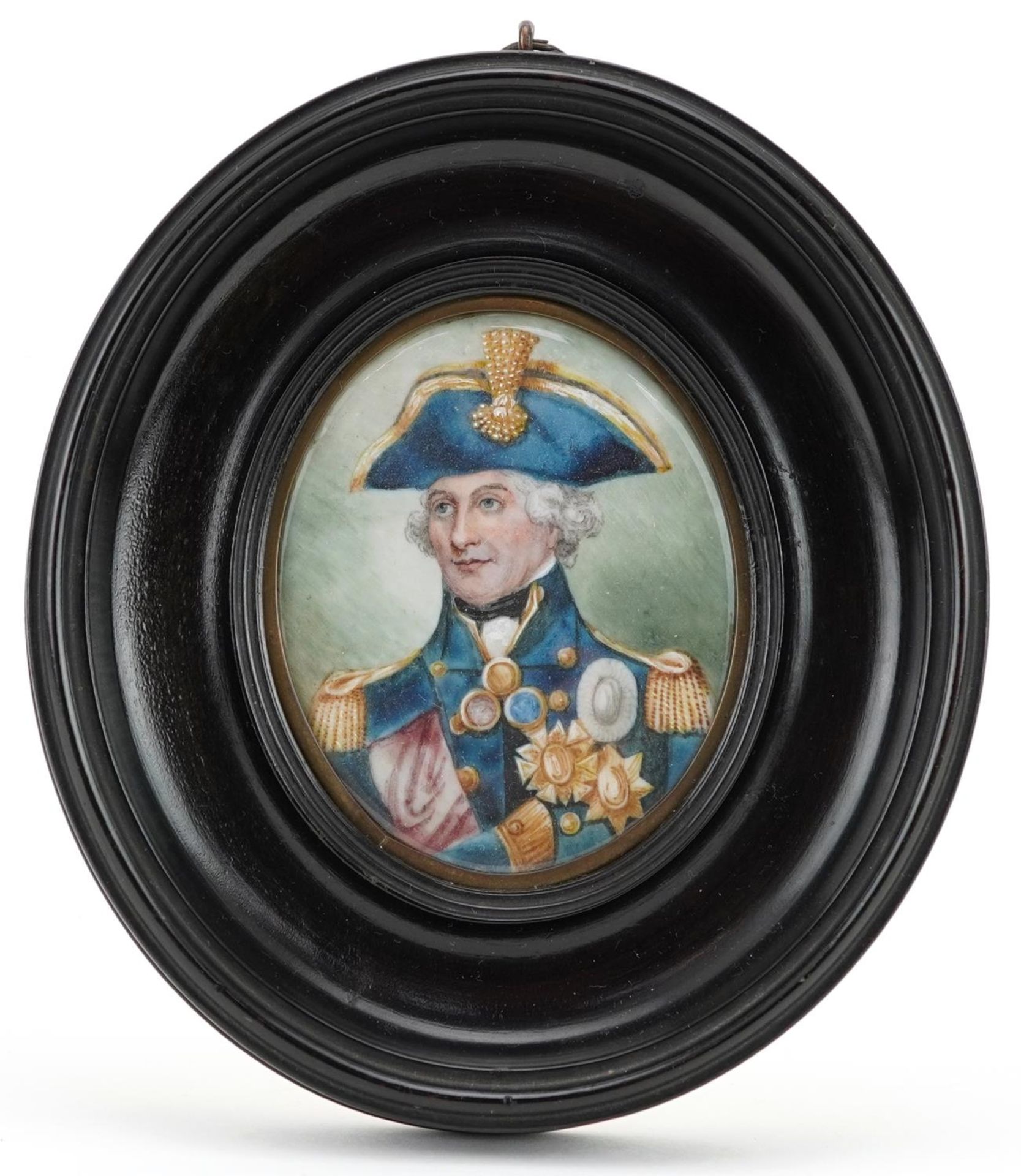 Naval interest oval hand painted portrait miniature of Lord Nelson, mounted and framed, 7.5cm x - Image 2 of 3
