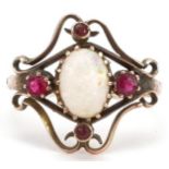 Antique 9ct gold cabochon opal and pink stone openwork ring, size N, 2.8g : For further