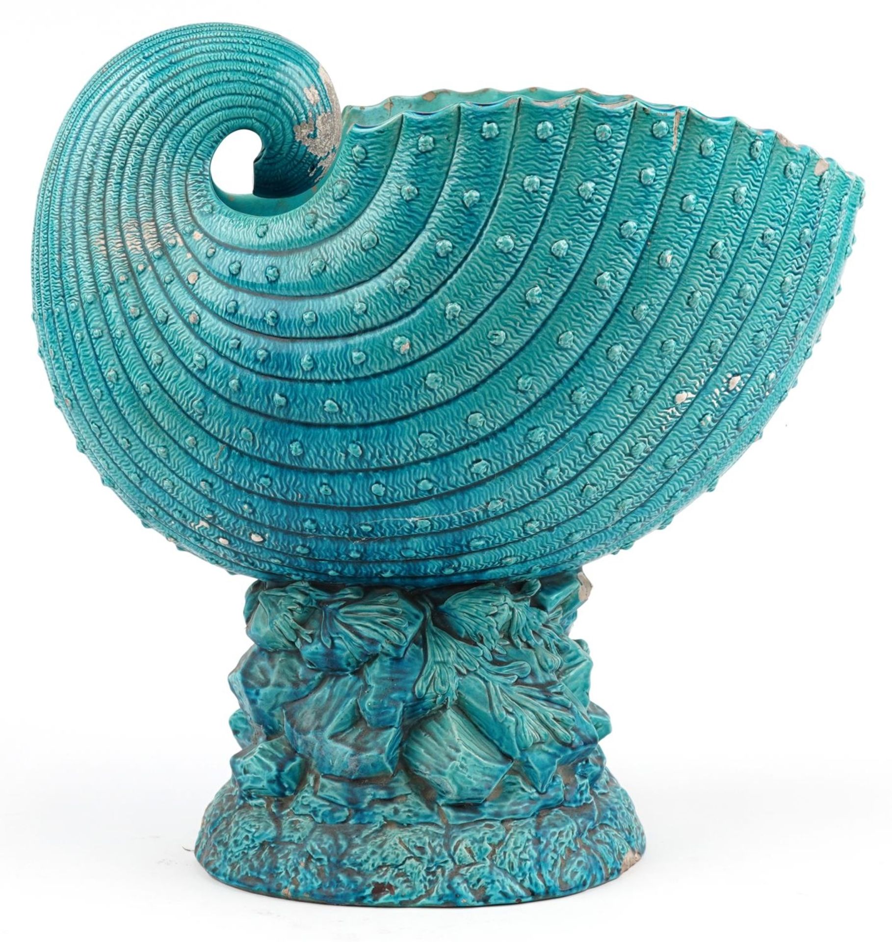Burmantofts, large Arts & Crafts blue faience glazed nautilus shell shop display jardiniere - Image 2 of 3