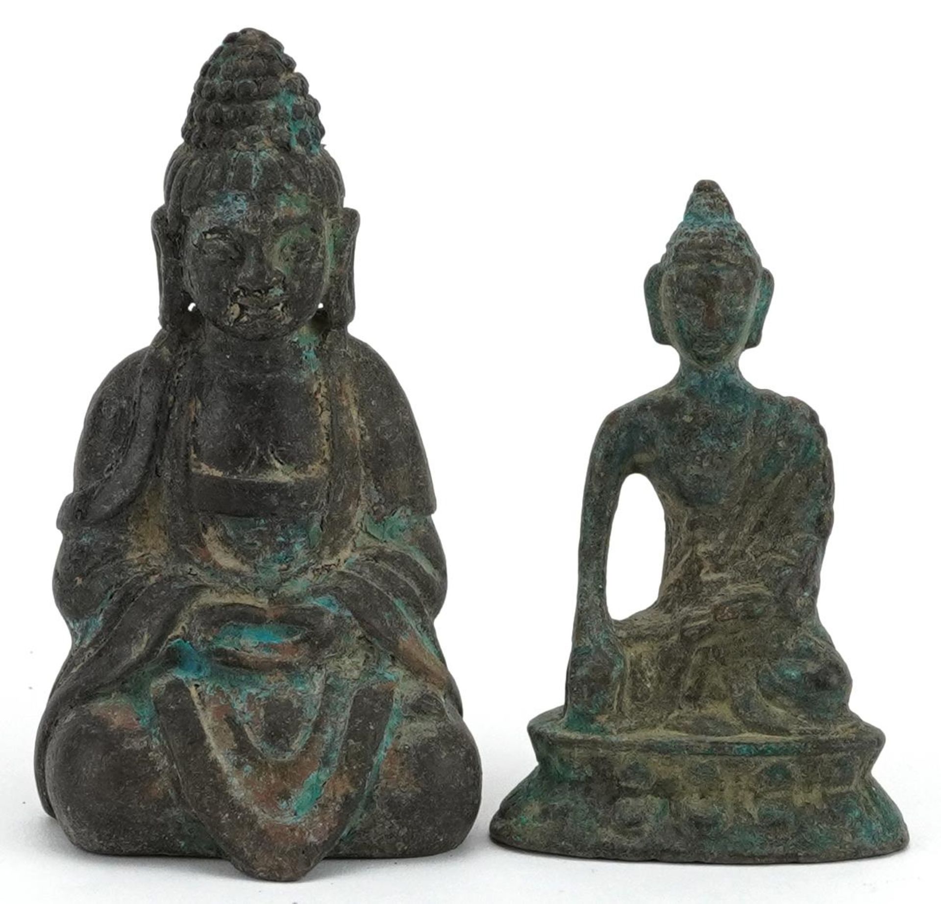 Two Chino Tibetan patinated bronze figures of Buddha, the largest 8cm high : For further information