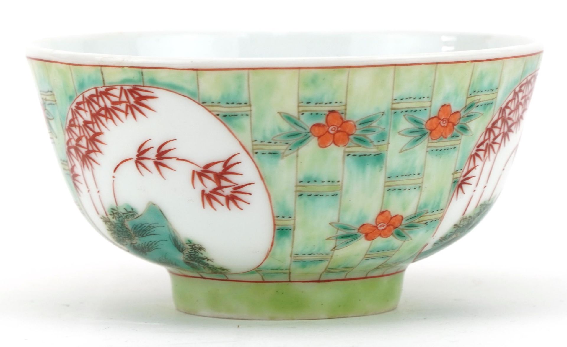 Chinese porcelain faux bamboo ground bowl hand painted with panels of pine trees, iron red seal - Bild 3 aus 7