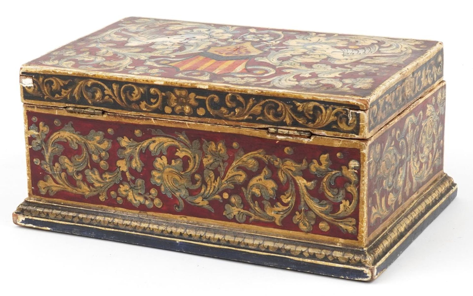 Antique pine table casket hand painted with gryphons and heraldic shield, 14cm H x 29.5cm W x 19cm D - Image 3 of 4