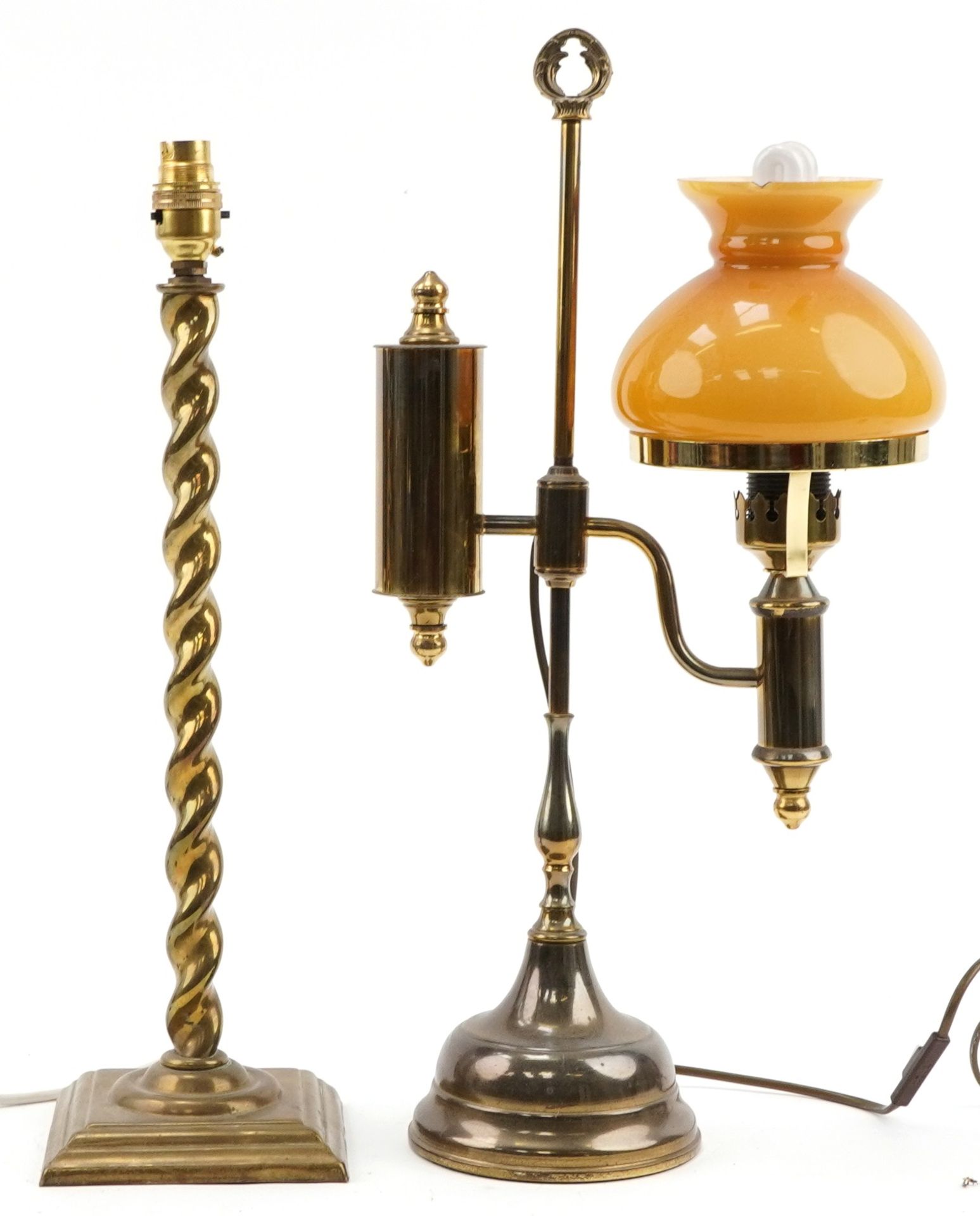 Victorian style brass table lamp and a brass barley twist example, the largest 52cm high : For