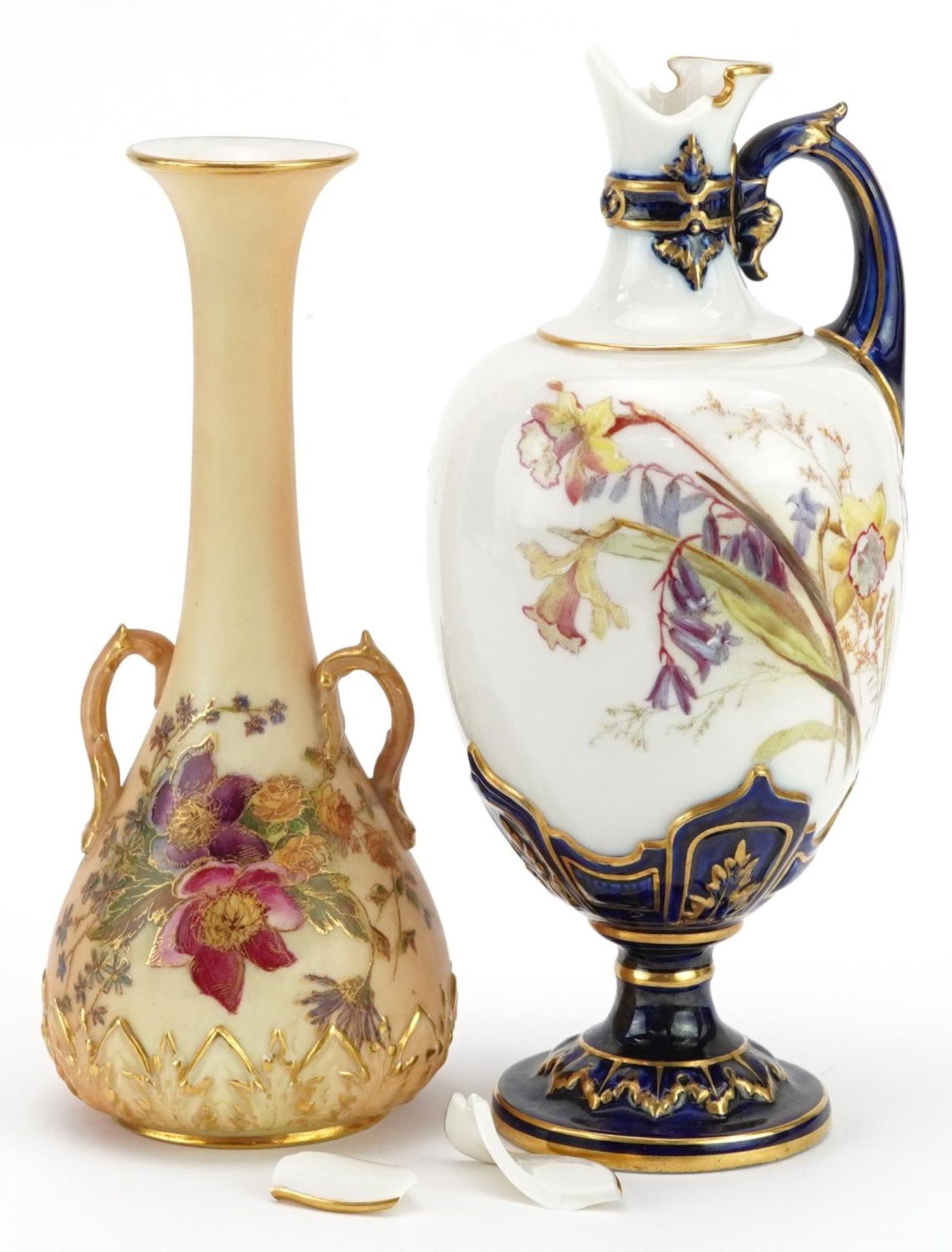Victorian Royal Worcester blush ivory vase with twin handles decorated with flowers and a ewer,