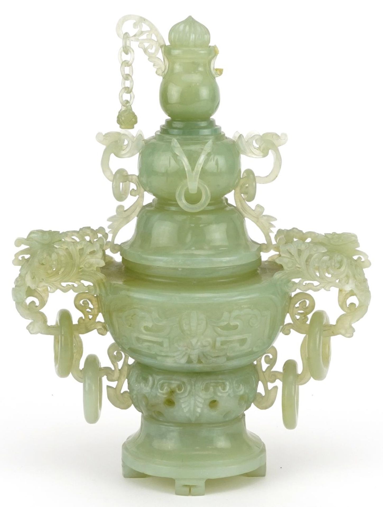 Chinese green jadeite lidded censer with ring turned handles carved with mythical animals, 29cm high - Bild 5 aus 9