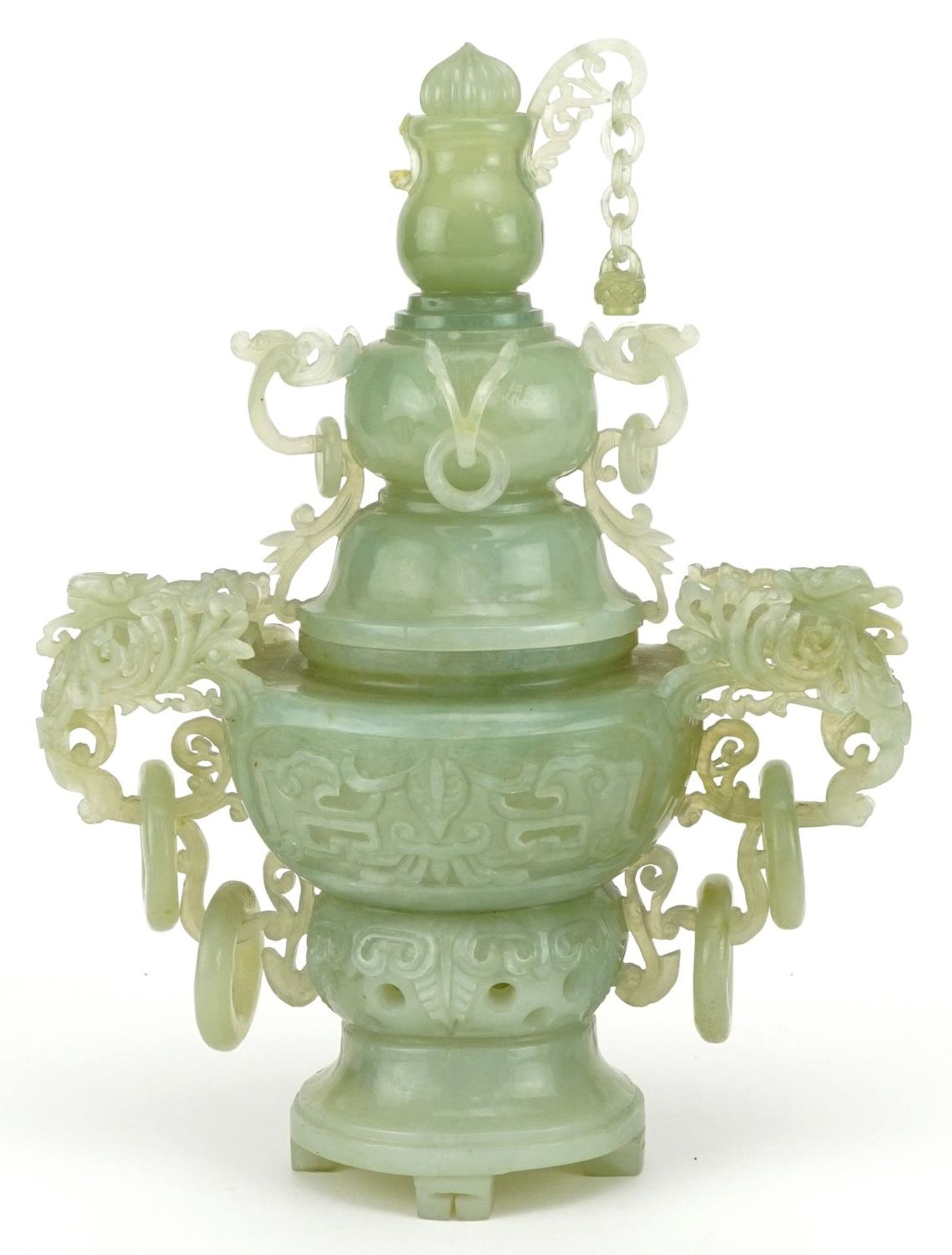 Chinese green jadeite lidded censer with ring turned handles carved with mythical animals, 29cm high - Bild 2 aus 9