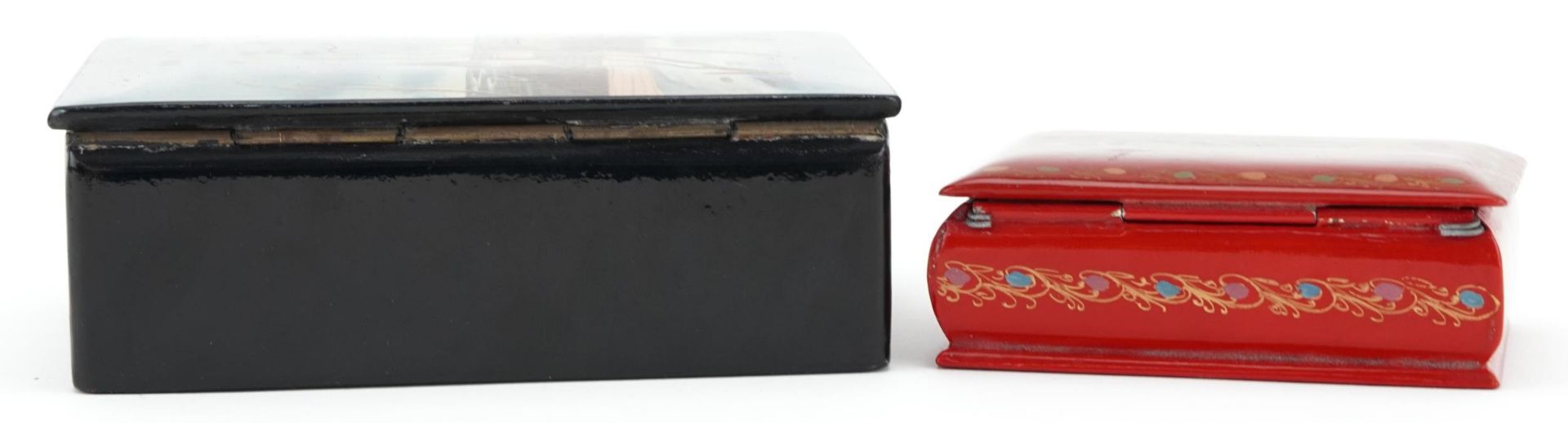 Two Russian lacquered boxes including one hand painted with a snowy village, 4.5cm H x 13.5cm W x - Image 4 of 6