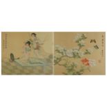 Two Geishas and butterflies amongst flowers, two Chinese watercolours on silk, signed with