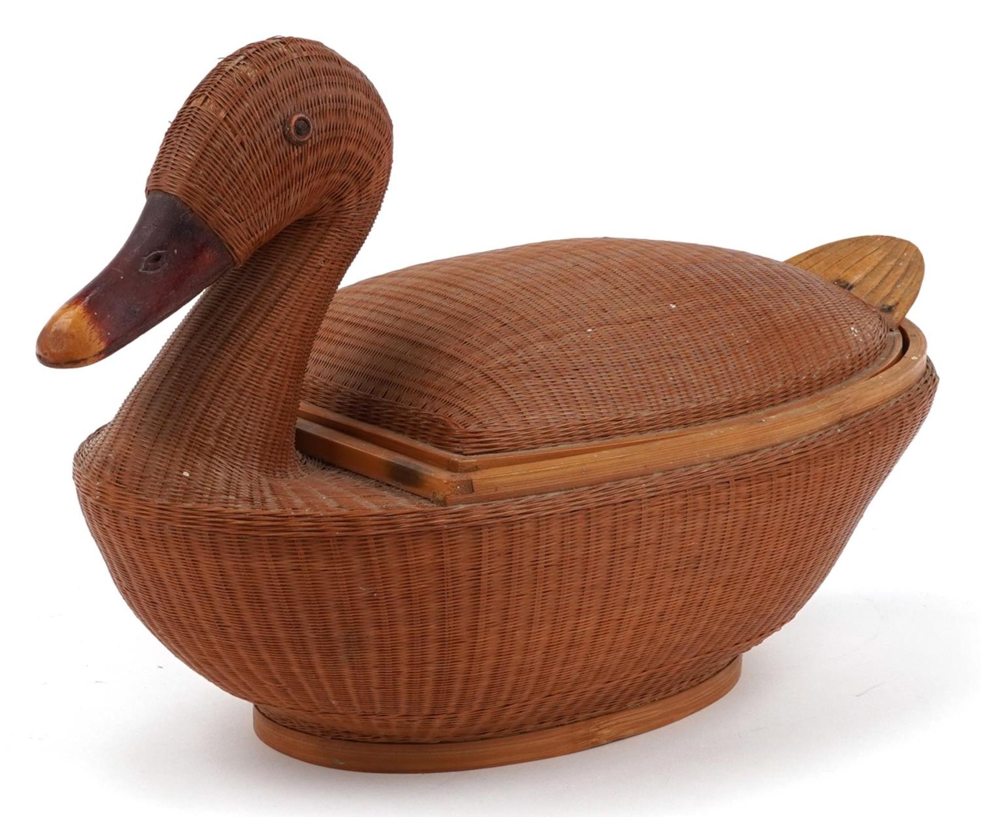 Japanese wicker box and cover in the form of a duck, 36.5cm in length : For further information on