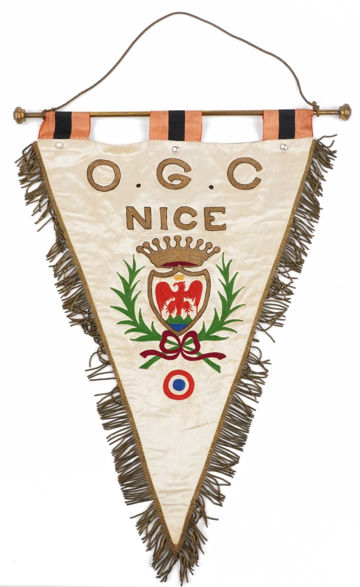 Footballing interest silk embroidered OGC Nice pennant, 62.5cm high : For further information on