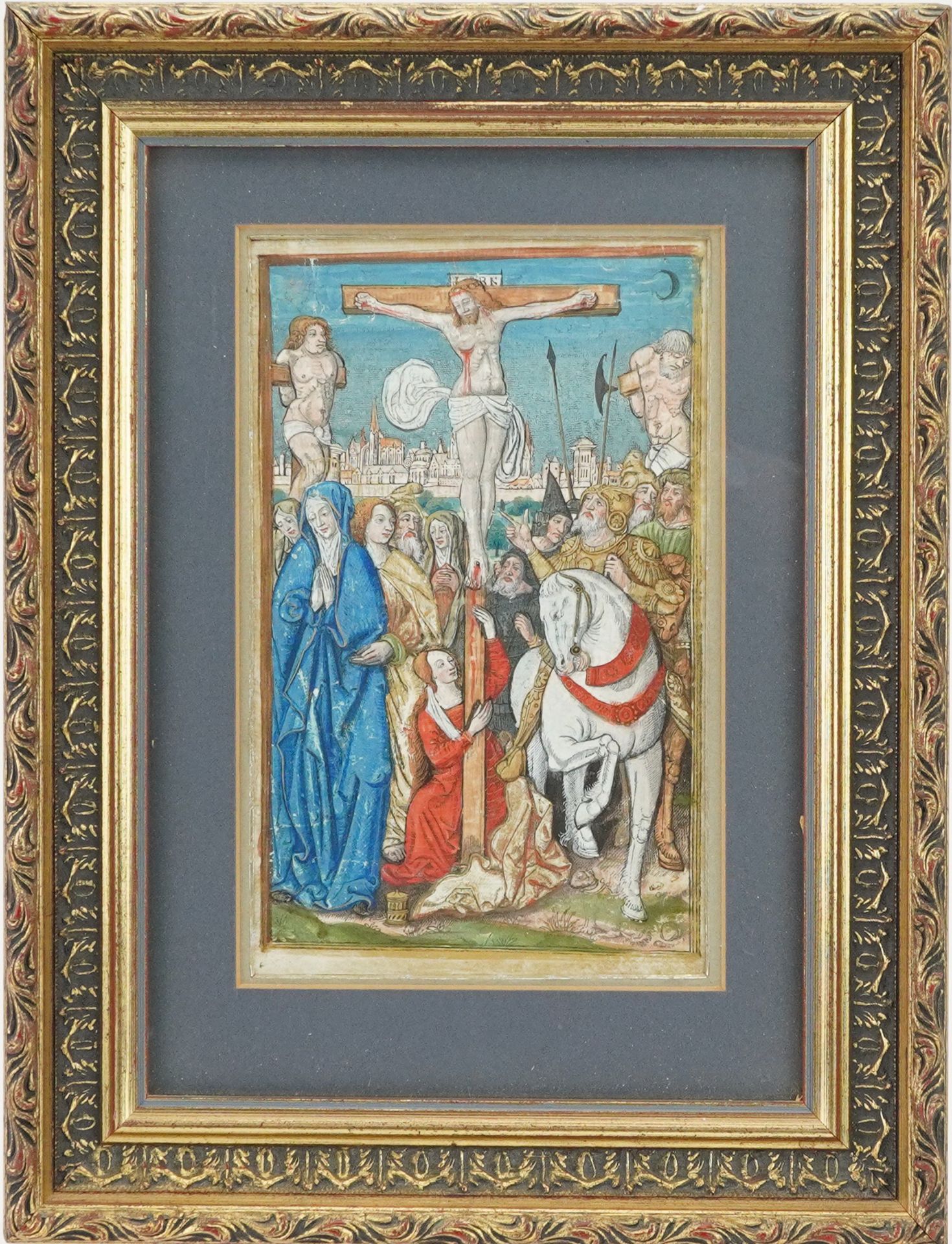 Antique illuminated Latin manuscript leaf from Book of Hours, possibly 16th century, mounted, framed - Image 2 of 4